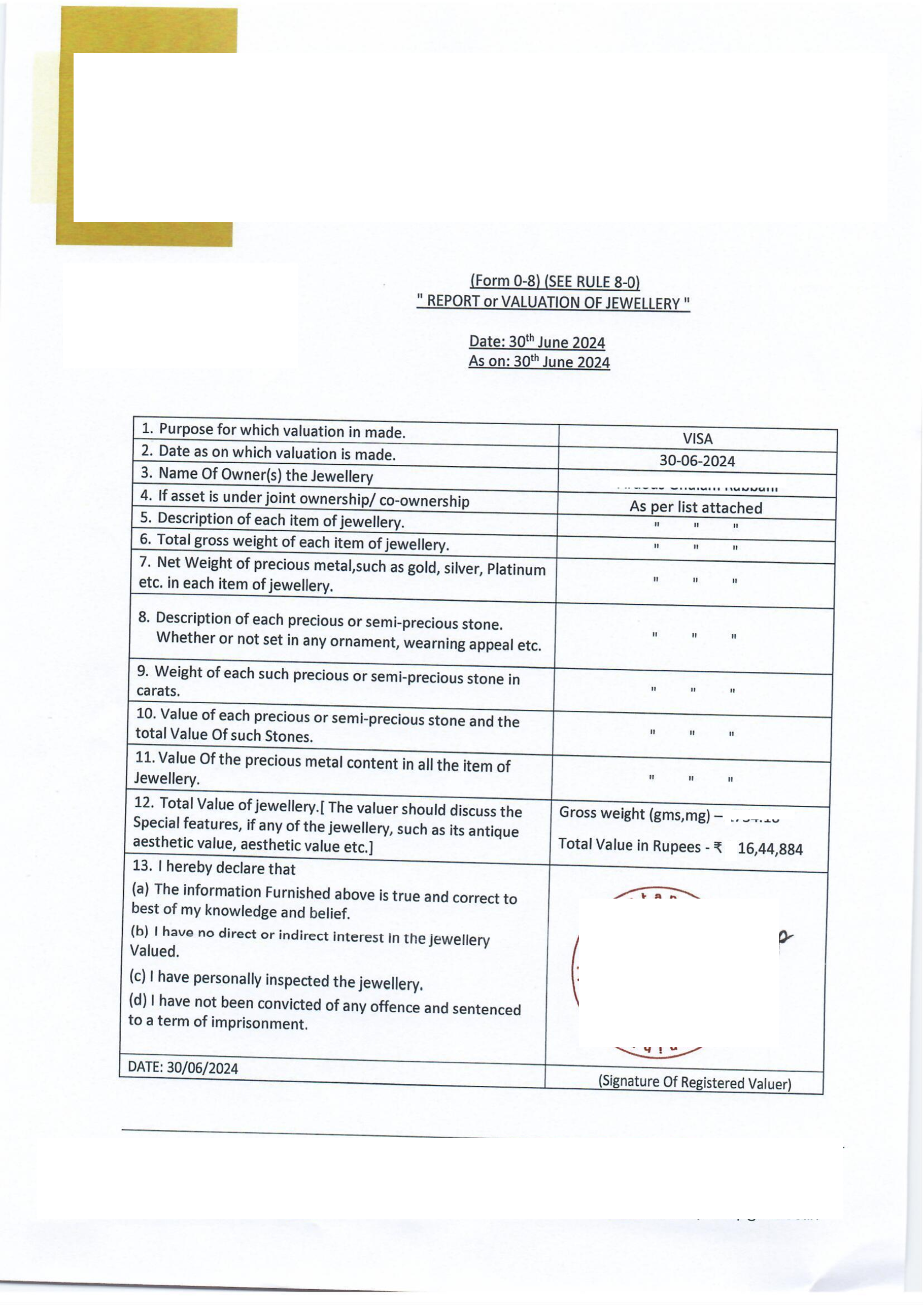 Gold & Jewellery Valuation Report — Form 0-8