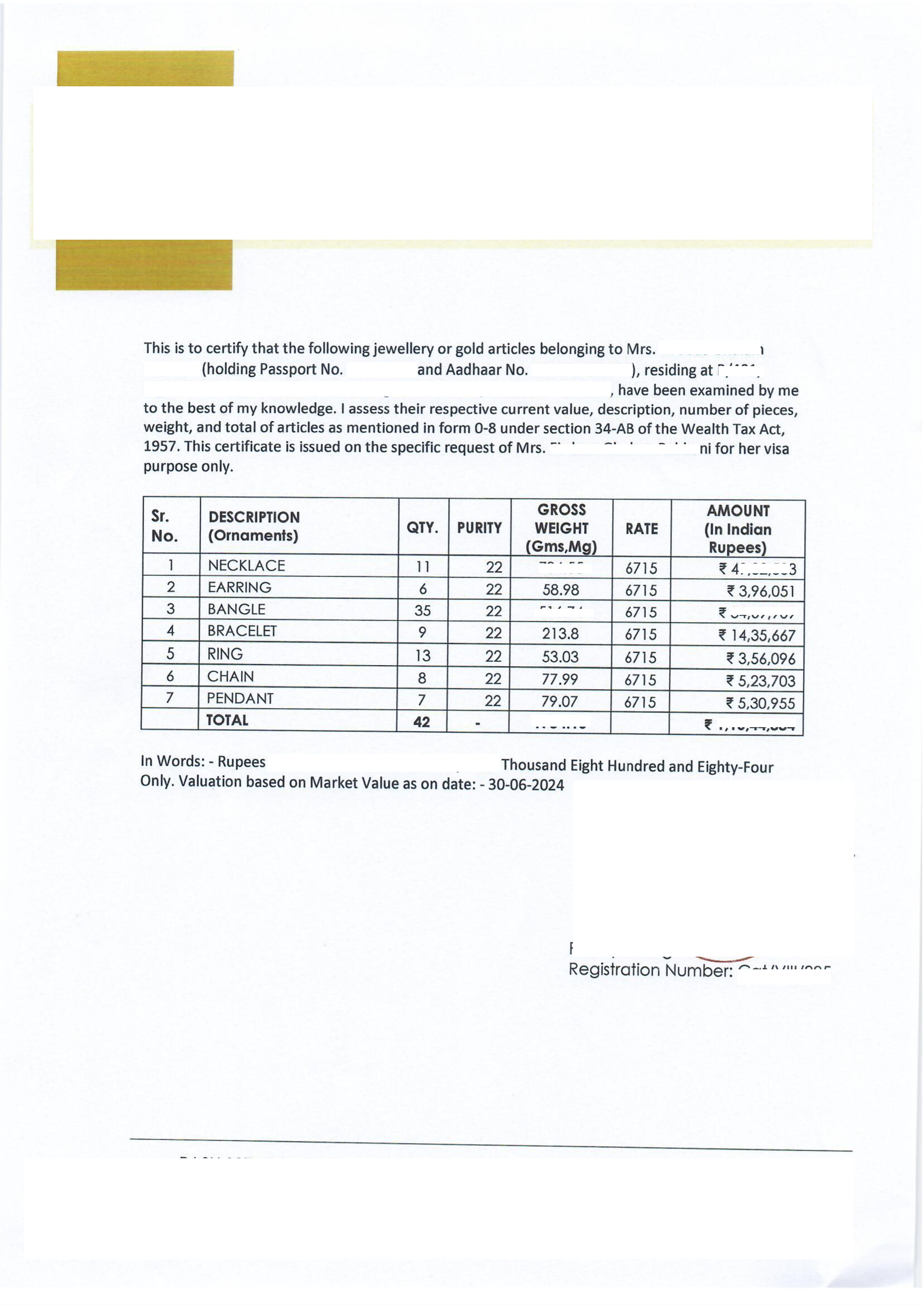 Gold & Jewellery Valuation — Itemised Schedule